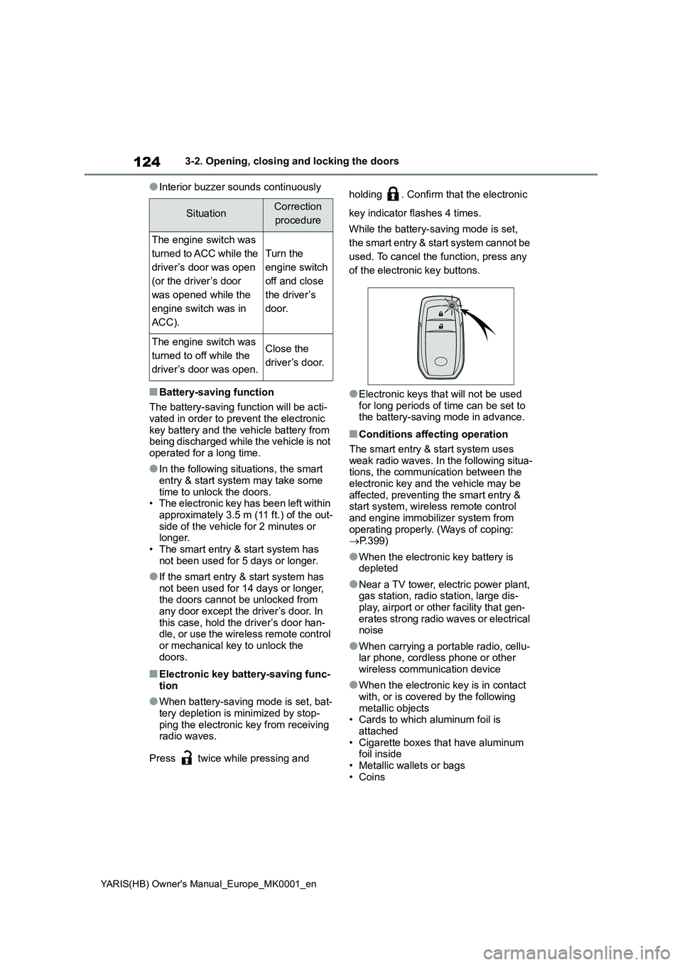 TOYOTA YARIS 2021 Owners Manual 124
YARIS(HB) Owners Manual_Europe_MK0001_en
3-2. Opening, closing and locking the doors
●Interior buzzer sounds continuously
■Battery-saving function
The battery-saving function will be acti-
va TOYOTA YARIS 2021 Owners Manual 124
YARIS(HB) Owners Manual_Europe_MK0001_en
3-2. Opening, closing and locking the doors
●Interior buzzer sounds continuously
■Battery-saving function
The battery-saving function will be acti-
va
