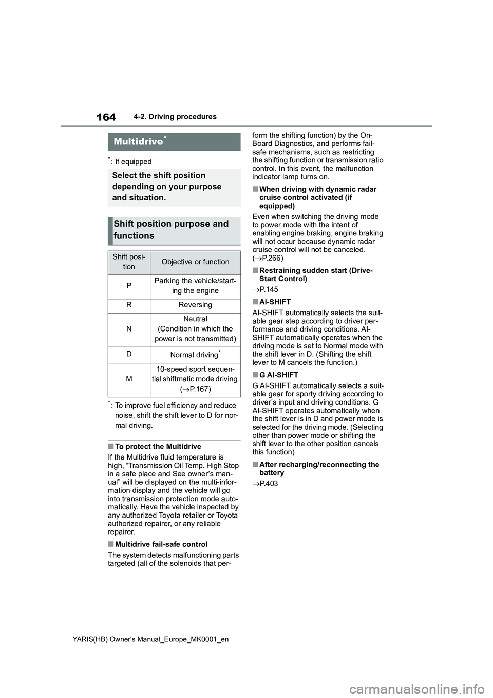 TOYOTA YARIS 2021 Owners Manual 164
YARIS(HB) Owners Manual_Europe_MK0001_en
4-2. Driving procedures
*: If equipped
*: To improve fuel efficiency and reduce
noise, shift the shift lever to D for nor-
mal driving.
■To protect the TOYOTA YARIS 2021 Owners Manual 164
YARIS(HB) Owners Manual_Europe_MK0001_en
4-2. Driving procedures
*: If equipped
*: To improve fuel efficiency and reduce
noise, shift the shift lever to D for nor-
mal driving.
■To protect the