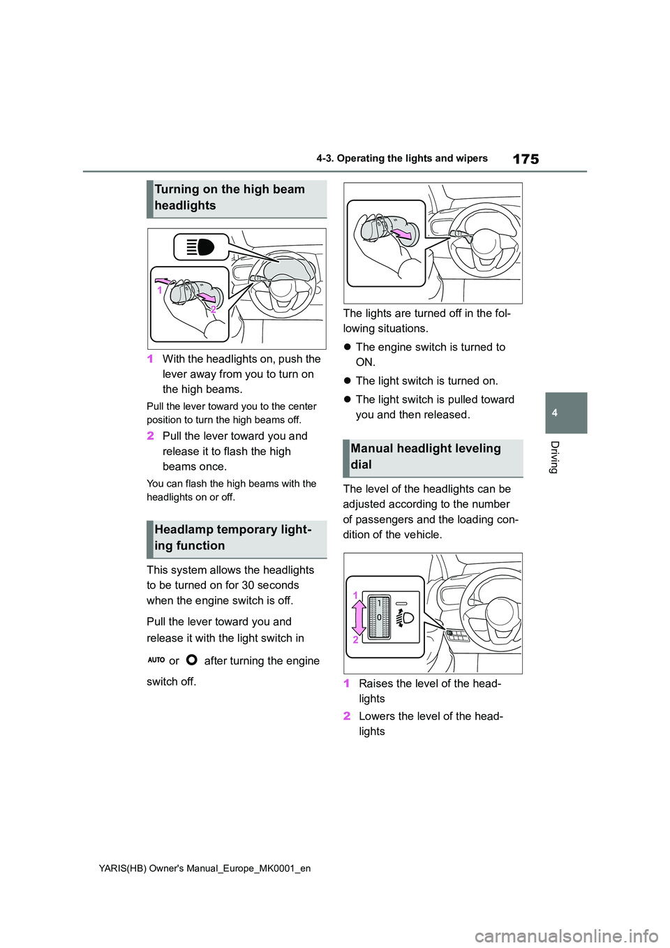 TOYOTA YARIS 2021 Owners Manual 175
4
YARIS(HB) Owners Manual_Europe_MK0001_en
4-3. Operating the lights and wipers
Driving
1With the headlights on, push the
lever away from you to turn on
the high beams.
Pull the lever toward TOYOTA YARIS 2021 Owners Manual 175
4
YARIS(HB) Owners Manual_Europe_MK0001_en
4-3. Operating the lights and wipers
Driving
1With the headlights on, push the
lever away from you to turn on
the high beams.
Pull the lever toward