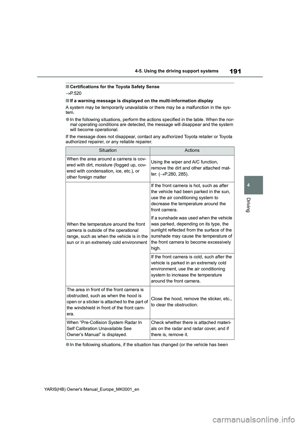 TOYOTA YARIS 2021 Owners Manual 191
4
YARIS(HB) Owners Manual_Europe_MK0001_en
4-5. Using the driving support systems
Driving
■Certifications for the Toyota Safety Sense
→P. 5 2 0
■If a warning message is displayed on the mul TOYOTA YARIS 2021 Owners Manual 191
4
YARIS(HB) Owners Manual_Europe_MK0001_en
4-5. Using the driving support systems
Driving
■Certifications for the Toyota Safety Sense
→P. 5 2 0
■If a warning message is displayed on the mul