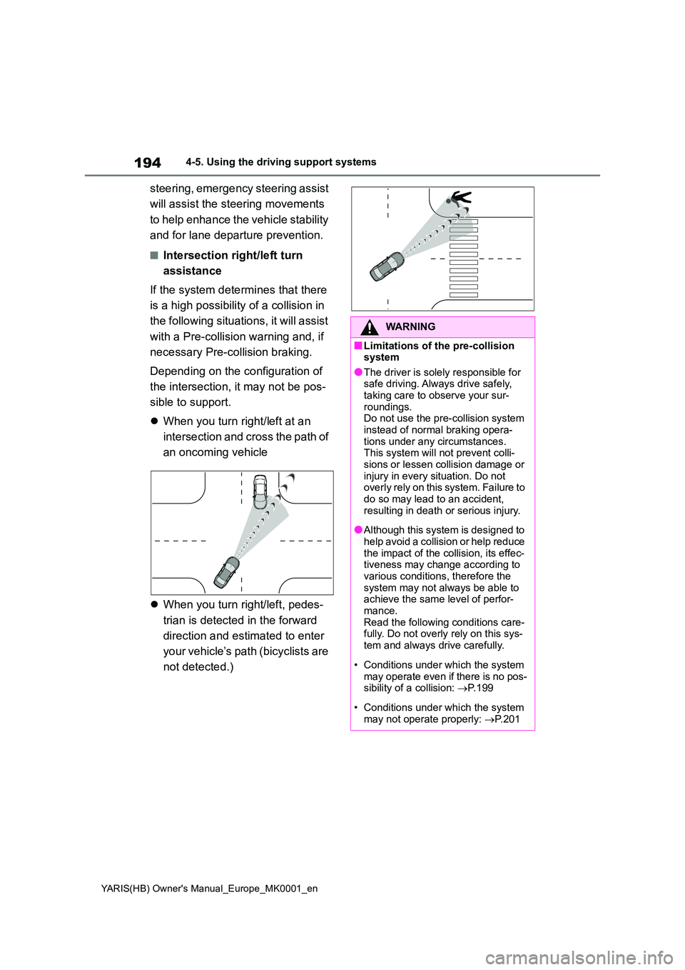 TOYOTA YARIS 2021 Owners Manual 194
YARIS(HB) Owners Manual_Europe_MK0001_en
4-5. Using the driving support systems
steering, emergency steering assist
will assist the steering movements
to help enhance the vehicle stability
TOYOTA YARIS 2021 Owners Manual 194
YARIS(HB) Owners Manual_Europe_MK0001_en
4-5. Using the driving support systems
steering, emergency steering assist
will assist the steering movements
to help enhance the vehicle stability
