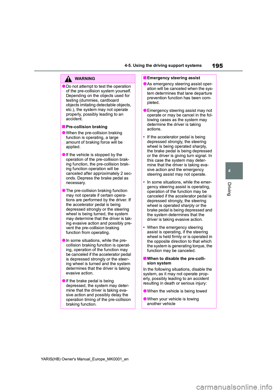 TOYOTA YARIS 2021 Owners Manual 195
4
YARIS(HB) Owners Manual_Europe_MK0001_en
4-5. Using the driving support systems
Driving
WARNING
●Do not attempt to test the operation of the pre-collision system yourself.
Depending on the TOYOTA YARIS 2021 Owners Manual 195
4
YARIS(HB) Owners Manual_Europe_MK0001_en
4-5. Using the driving support systems
Driving
WARNING
●Do not attempt to test the operation of the pre-collision system yourself.
Depending on the