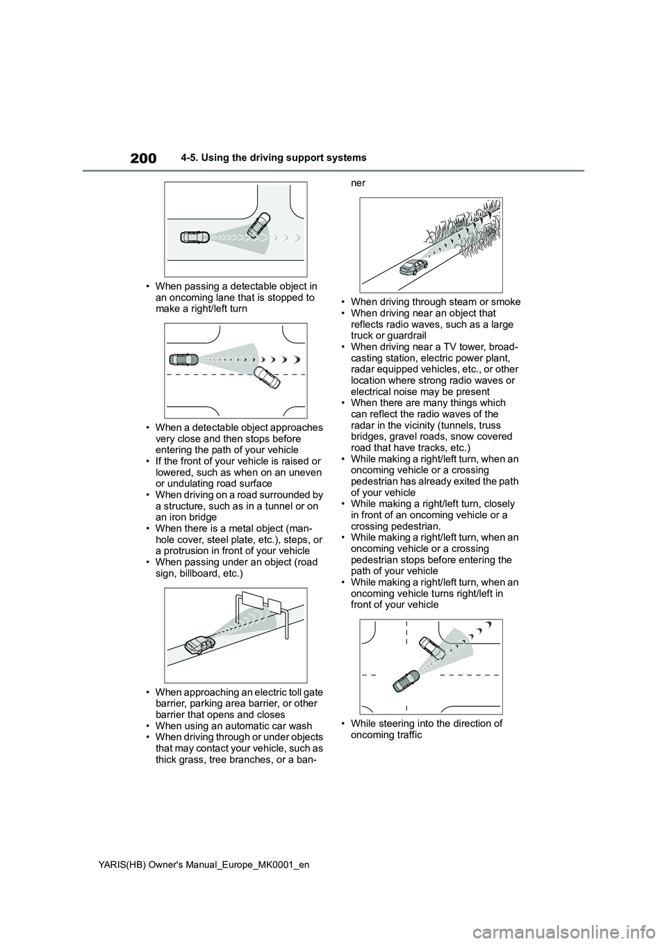 TOYOTA YARIS 2021 Owners Manual 200
YARIS(HB) Owners Manual_Europe_MK0001_en
4-5. Using the driving support systems
• When passing a detectable object in
an oncoming lane that is stopped to make a right/left turn
• When a TOYOTA YARIS 2021 Owners Manual 200
YARIS(HB) Owners Manual_Europe_MK0001_en
4-5. Using the driving support systems
• When passing a detectable object in
an oncoming lane that is stopped to make a right/left turn
• When a