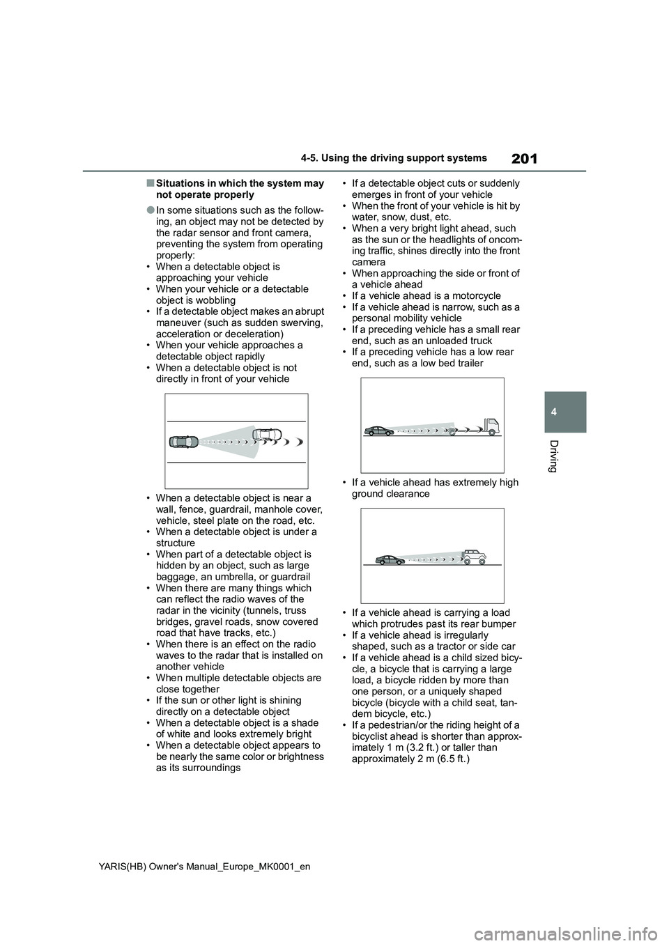 TOYOTA YARIS 2021 Owners Manual 201
4
YARIS(HB) Owners Manual_Europe_MK0001_en
4-5. Using the driving support systems
Driving
■Situations in which the system may 
not operate properly
●In some situations such as the follow-
ing