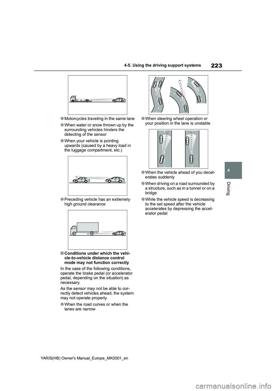 TOYOTA YARIS 2021 Owners Guide 223
4
YARIS(HB) Owners Manual_Europe_MK0001_en
4-5. Using the driving support systems
Driving
●Motorcycles traveling in the same lane
●When water or snow thrown up by the
surrounding vehicles hi TOYOTA YARIS 2021 Owners Guide 223
4
YARIS(HB) Owners Manual_Europe_MK0001_en
4-5. Using the driving support systems
Driving
●Motorcycles traveling in the same lane
●When water or snow thrown up by the
surrounding vehicles hi