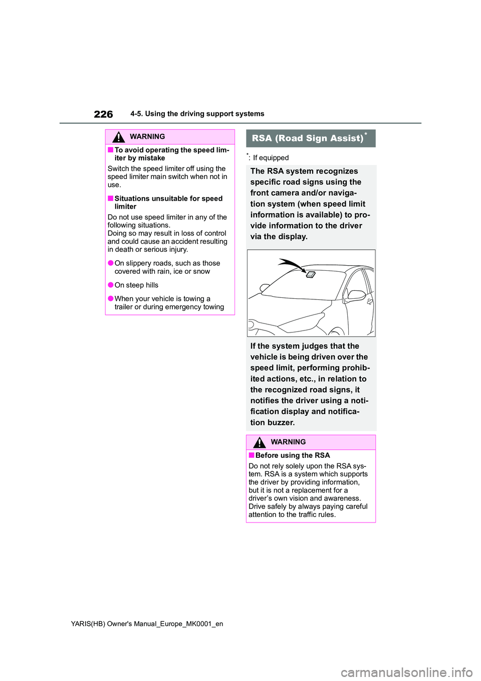 TOYOTA YARIS 2021  Owners Manual 226
YARIS(HB) Owners Manual_Europe_MK0001_en
4-5. Using the driving support systems
*: If equipped
WARNING
■To avoid operating the speed lim- iter by mistake 
Switch the speed limiter off using the