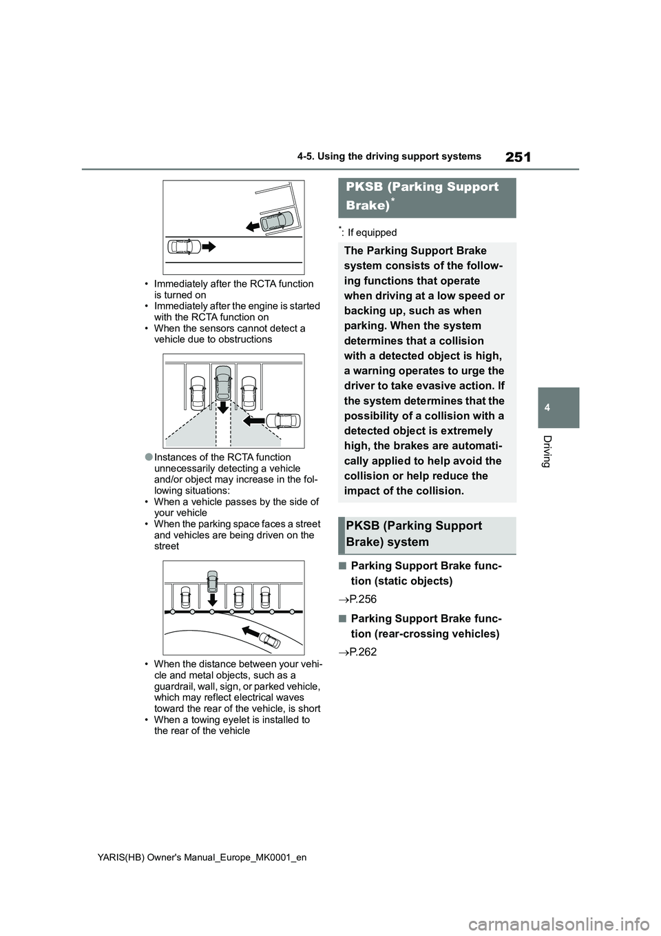 TOYOTA YARIS 2021 Service Manual 251
4
YARIS(HB) Owners Manual_Europe_MK0001_en
4-5. Using the driving support systems
Driving
• Immediately after the RCTA function
is turned on • Immediately after the engine is started with t TOYOTA YARIS 2021 Service Manual 251
4
YARIS(HB) Owners Manual_Europe_MK0001_en
4-5. Using the driving support systems
Driving
• Immediately after the RCTA function
is turned on • Immediately after the engine is started with t