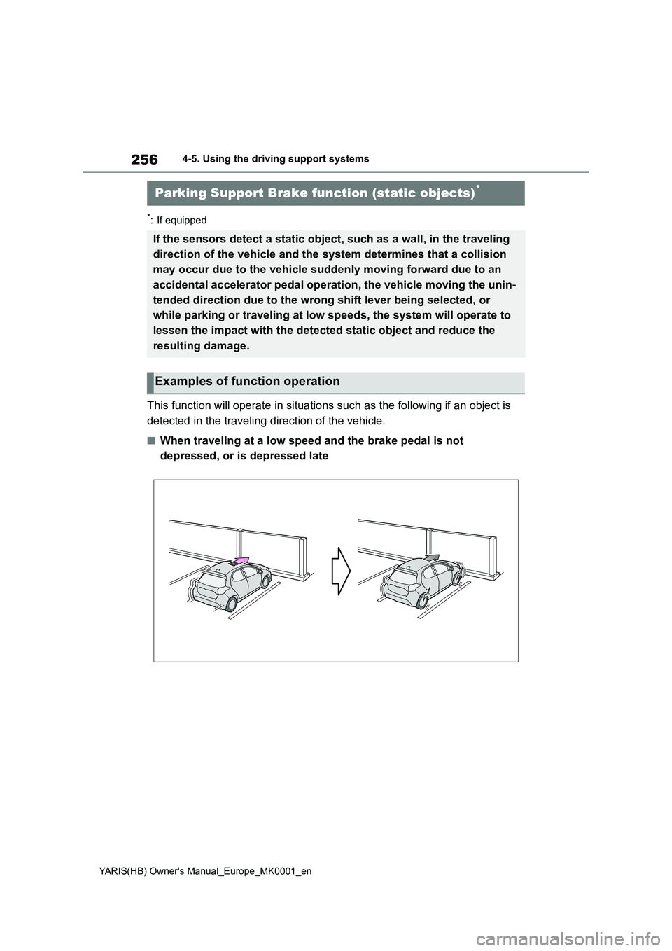 TOYOTA YARIS 2021 Service Manual 256
YARIS(HB) Owners Manual_Europe_MK0001_en
4-5. Using the driving support systems
*: If equipped
This function will operate in situations such as the following if an object is
detected in the tra TOYOTA YARIS 2021 Service Manual 256
YARIS(HB) Owners Manual_Europe_MK0001_en
4-5. Using the driving support systems
*: If equipped
This function will operate in situations such as the following if an object is
detected in the tra