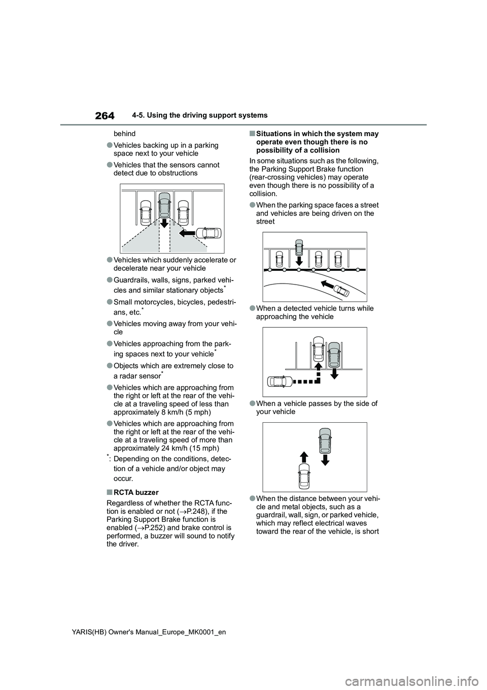 TOYOTA YARIS 2021 Workshop Manual 264
YARIS(HB) Owners Manual_Europe_MK0001_en
4-5. Using the driving support systems
behind
●Vehicles backing up in a parking space next to your vehicle
●Vehicles that the sensors cannot detect TOYOTA YARIS 2021 Workshop Manual 264
YARIS(HB) Owners Manual_Europe_MK0001_en
4-5. Using the driving support systems
behind
●Vehicles backing up in a parking space next to your vehicle
●Vehicles that the sensors cannot detect