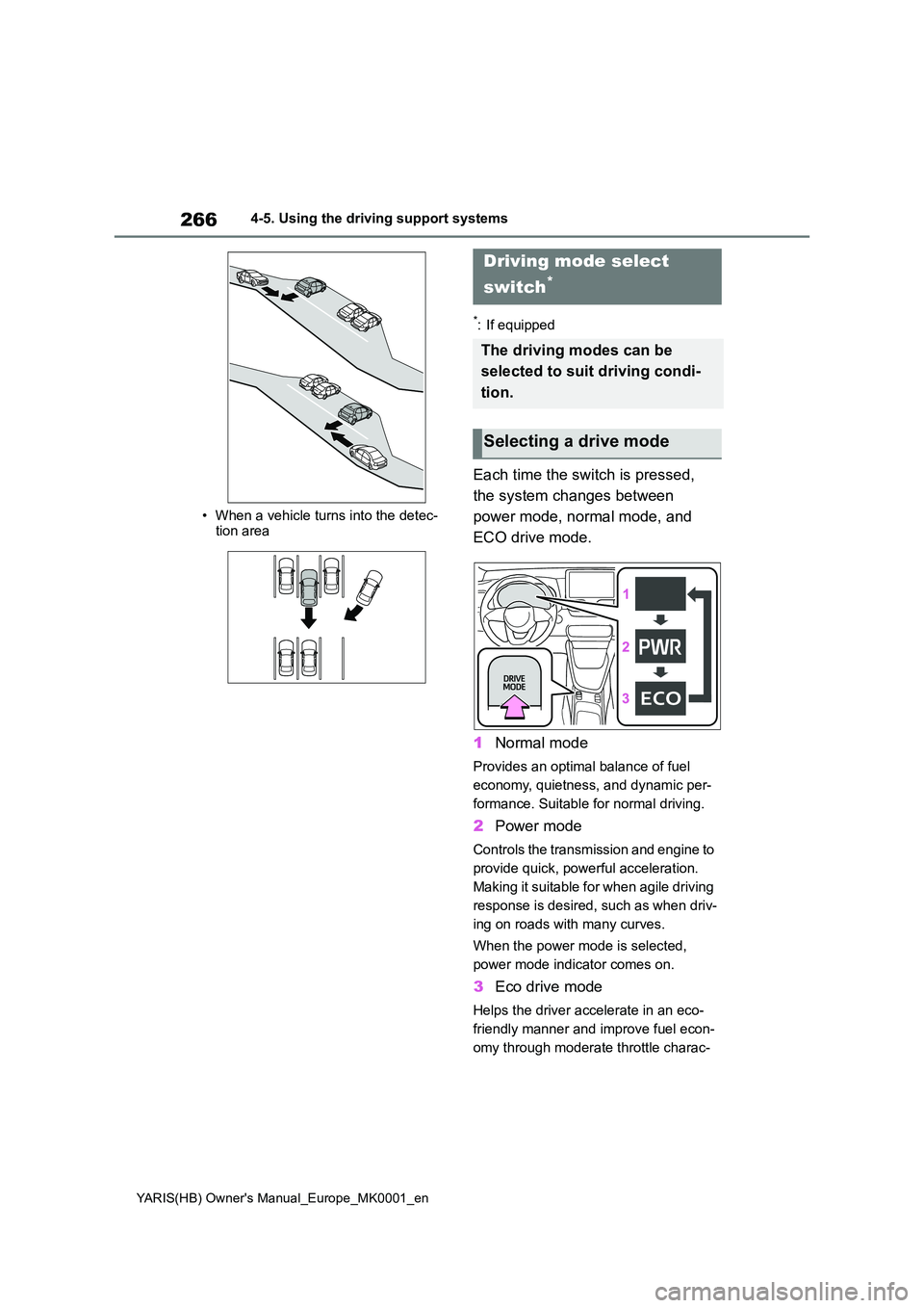 TOYOTA YARIS 2021 Owners Manual 266
YARIS(HB) Owners Manual_Europe_MK0001_en
4-5. Using the driving support systems
• When a vehicle turns into the detec- tion area
*: If equipped
Each time the switch is pressed,
the system ch TOYOTA YARIS 2021 Owners Manual 266
YARIS(HB) Owners Manual_Europe_MK0001_en
4-5. Using the driving support systems
• When a vehicle turns into the detec- tion area
*: If equipped
Each time the switch is pressed,
the system ch