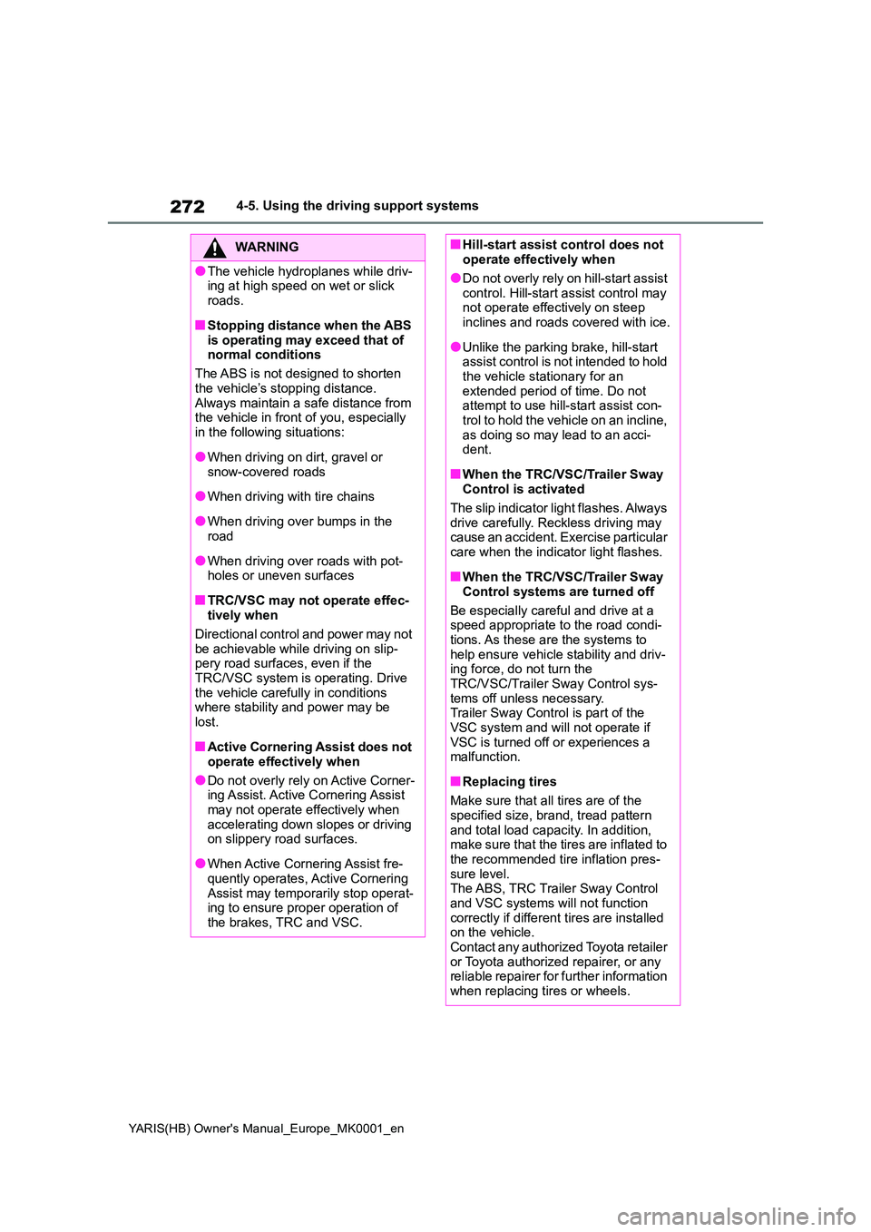 TOYOTA YARIS 2021 Owners Manual 272
YARIS(HB) Owners Manual_Europe_MK0001_en
4-5. Using the driving support systems
WARNING
●The vehicle hydroplanes while driv- ing at high speed on wet or slick
roads.
■Stopping distance when TOYOTA YARIS 2021 Owners Manual 272
YARIS(HB) Owners Manual_Europe_MK0001_en
4-5. Using the driving support systems
WARNING
●The vehicle hydroplanes while driv- ing at high speed on wet or slick
roads.
■Stopping distance when