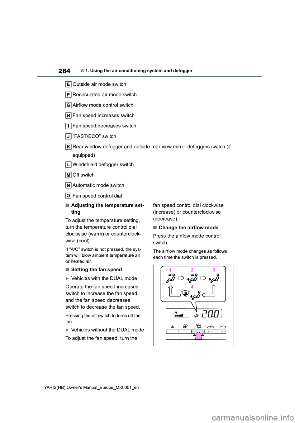 TOYOTA YARIS 2021 Owners Manual 284
YARIS(HB) Owners Manual_Europe_MK0001_en
5-1. Using the air conditioning system and defogger
Outside air mode switch
Recirculated air mode switch
Airflow mode control switch
Fan speed increases s TOYOTA YARIS 2021 Owners Manual 284
YARIS(HB) Owners Manual_Europe_MK0001_en
5-1. Using the air conditioning system and defogger
Outside air mode switch
Recirculated air mode switch
Airflow mode control switch
Fan speed increases s