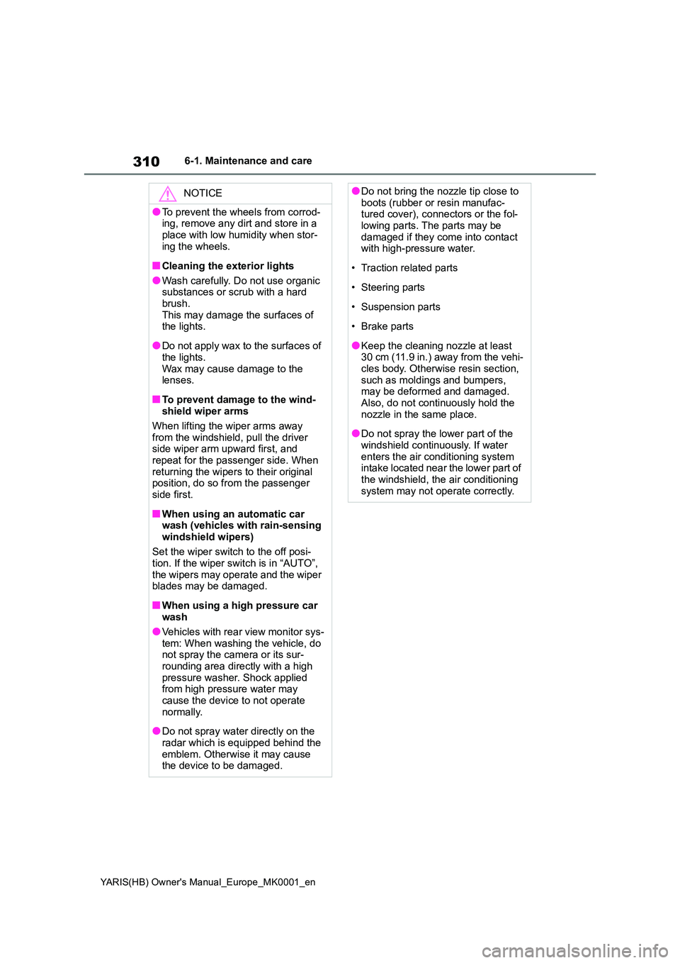 TOYOTA YARIS 2021  Owners Manual 310
YARIS(HB) Owners Manual_Europe_MK0001_en
6-1. Maintenance and care
NOTICE
●To prevent the wheels from corrod- ing, remove any dirt and store in a  
place with low humidity when stor- ing the wh