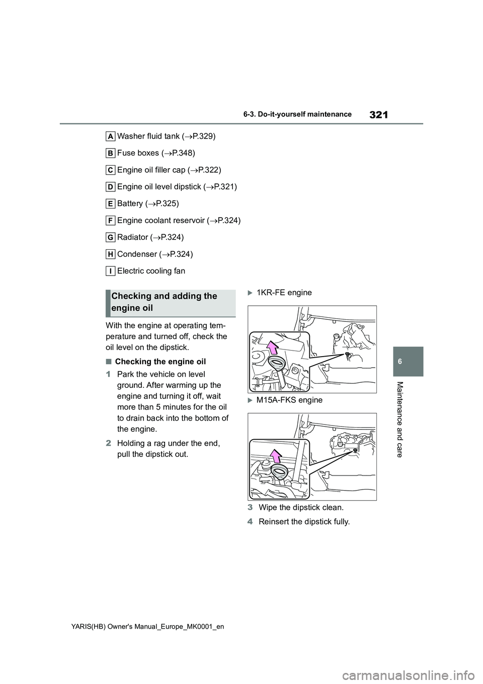 TOYOTA YARIS 2021  Owners Manual 321
6
YARIS(HB) Owners Manual_Europe_MK0001_en
6-3. Do-it-yourself maintenance
Maintenance and care
Washer fluid tank (→P.329)
Fuse boxes (→P.348)
Engine oil filler cap (→P.322)
Engine oil leve