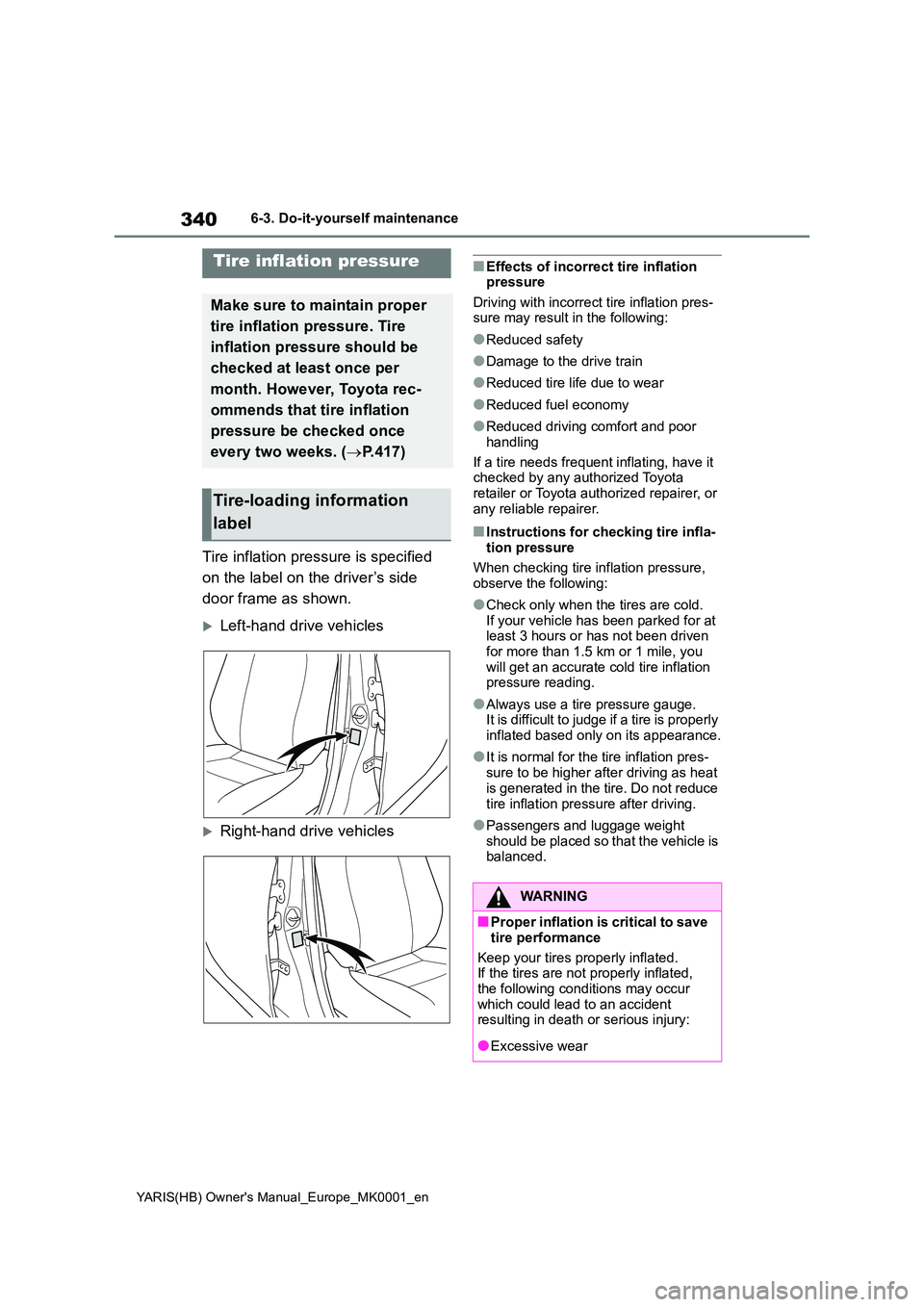 TOYOTA YARIS 2021 Owners Manual 340
YARIS(HB) Owners Manual_Europe_MK0001_en
6-3. Do-it-yourself maintenance
Tire inflation pressure is specified
on the label on the driver’s side
door frame as shown.
Left-hand drive vehic TOYOTA YARIS 2021 Owners Manual 340
YARIS(HB) Owners Manual_Europe_MK0001_en
6-3. Do-it-yourself maintenance
Tire inflation pressure is specified
on the label on the driver’s side
door frame as shown.
Left-hand drive vehic