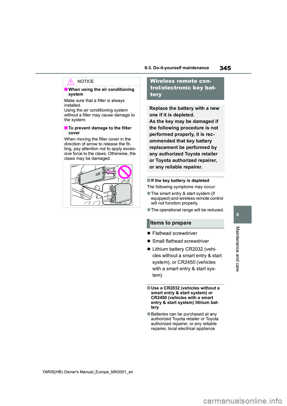 TOYOTA YARIS 2021  Owners Manual 345
6
YARIS(HB) Owners Manual_Europe_MK0001_en
6-3. Do-it-yourself maintenance
Maintenance and care
■If the key battery is depleted 
The following symptoms may occur:
●The smart entry & start sys