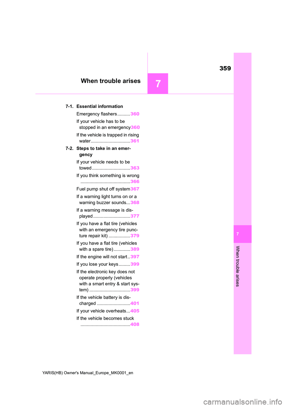TOYOTA YARIS 2021 Owners Manual 7
359
YARIS(HB) Owners Manual_Europe_MK0001_en
7
When trouble arises
When trouble arises
7-1. Essential information
Emergency flashers .......... 360
If your vehicle has to be
stopped in an emerg TOYOTA YARIS 2021 Owners Manual 7
359
YARIS(HB) Owners Manual_Europe_MK0001_en
7
When trouble arises
When trouble arises
7-1. Essential information
Emergency flashers .......... 360
If your vehicle has to be
stopped in an emerg