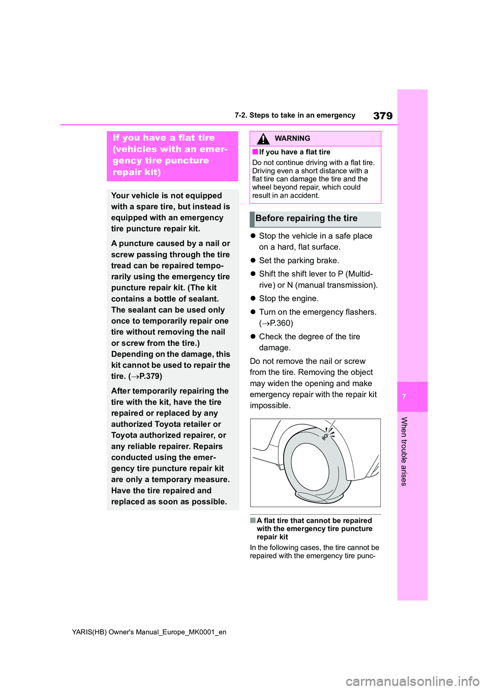 TOYOTA YARIS 2021  Owners Manual 379
7
YARIS(HB) Owners Manual_Europe_MK0001_en
7-2. Steps to take in an emergency
When trouble arises
�zStop the vehicle in a safe place  
on a hard, flat surface. 
�z Set the parking brake. 
�z Shif