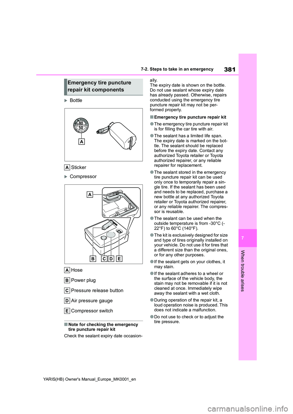 TOYOTA YARIS 2021 Owners Manual 381
7
YARIS(HB) Owners Manual_Europe_MK0001_en
7-2. Steps to take in an emergency
When trouble arises
Bottle
Sticker
Compressor
Hose
Power plug
Pressure release button
Air pressure gauge
C TOYOTA YARIS 2021 Owners Manual 381
7
YARIS(HB) Owners Manual_Europe_MK0001_en
7-2. Steps to take in an emergency
When trouble arises
Bottle
Sticker
Compressor
Hose
Power plug
Pressure release button
Air pressure gauge
C