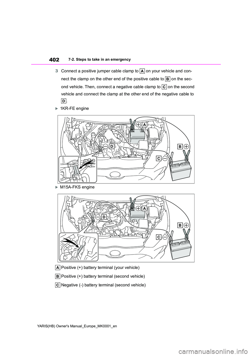 TOYOTA YARIS 2021 Owners Manual 402
YARIS(HB) Owners Manual_Europe_MK0001_en
7-2. Steps to take in an emergency
3Connect a positive jumper cable clamp to on your vehicle and con-
nect the clamp on the other end of the positive c TOYOTA YARIS 2021 Owners Manual 402
YARIS(HB) Owners Manual_Europe_MK0001_en
7-2. Steps to take in an emergency
3Connect a positive jumper cable clamp to on your vehicle and con-
nect the clamp on the other end of the positive c