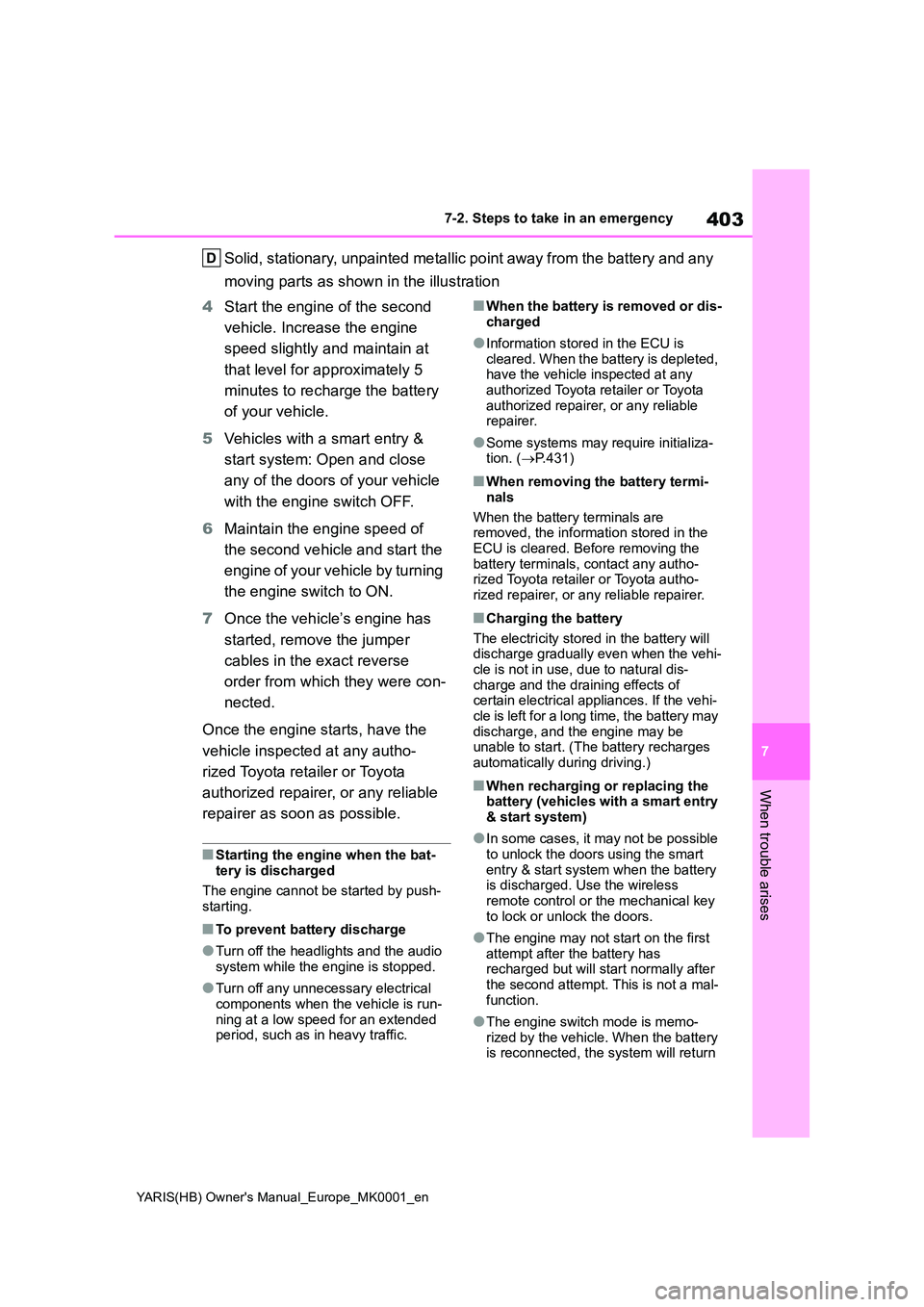 TOYOTA YARIS 2021 Owners Manual 403
7
YARIS(HB) Owners Manual_Europe_MK0001_en
7-2. Steps to take in an emergency
When trouble arises
Solid, stationary, unpainted metallic point away from the battery and any
moving parts as shown TOYOTA YARIS 2021 Owners Manual 403
7
YARIS(HB) Owners Manual_Europe_MK0001_en
7-2. Steps to take in an emergency
When trouble arises
Solid, stationary, unpainted metallic point away from the battery and any
moving parts as shown