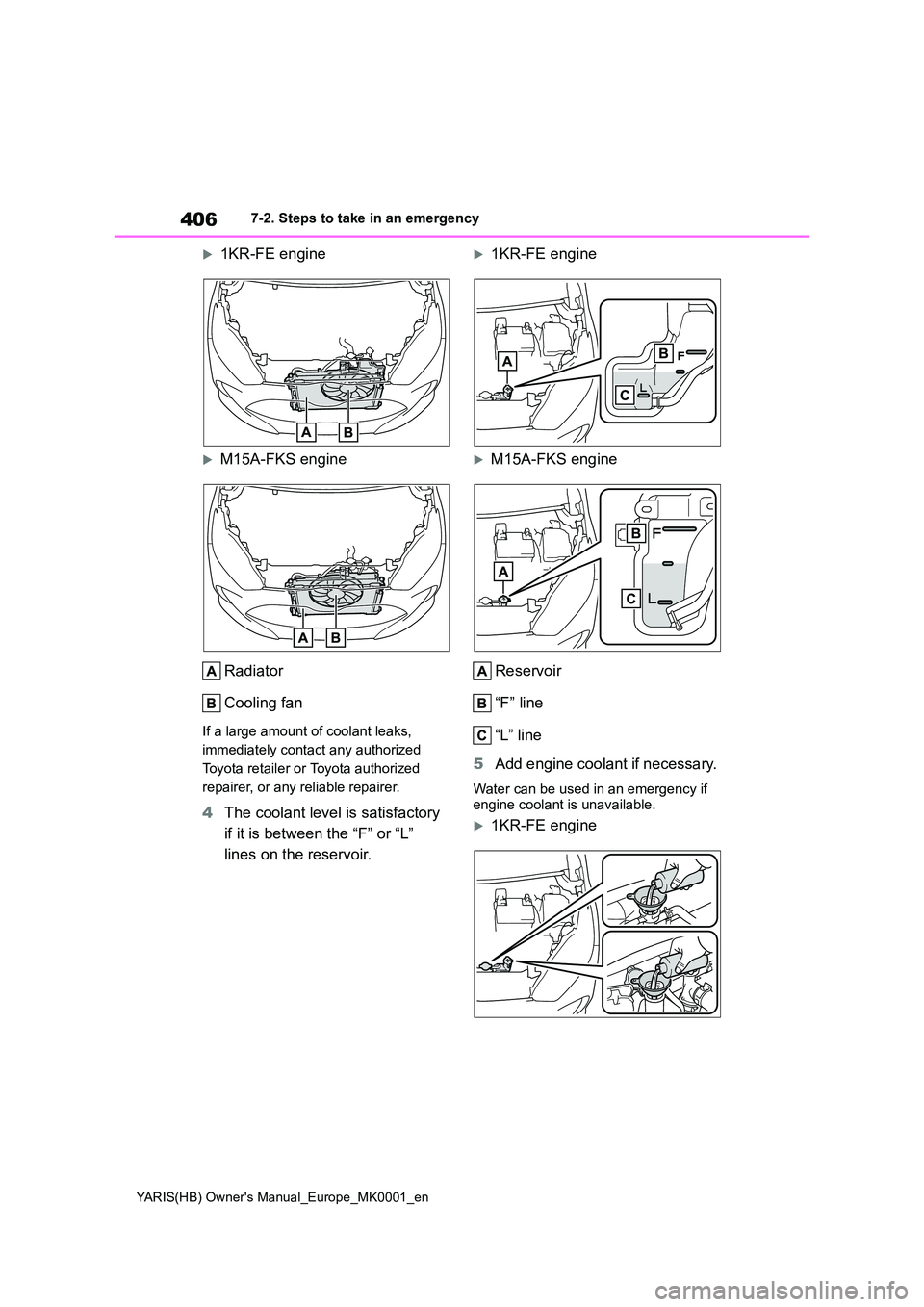 TOYOTA YARIS 2021 Owners Manual 406
YARIS(HB) Owners Manual_Europe_MK0001_en
7-2. Steps to take in an emergency
1KR-FE engine
M15A-FKS engine
Radiator
Cooling fan
If a large amount of coolant leaks,
immediately contact an TOYOTA YARIS 2021 Owners Manual 406
YARIS(HB) Owners Manual_Europe_MK0001_en
7-2. Steps to take in an emergency
1KR-FE engine
M15A-FKS engine
Radiator
Cooling fan
If a large amount of coolant leaks,
immediately contact an