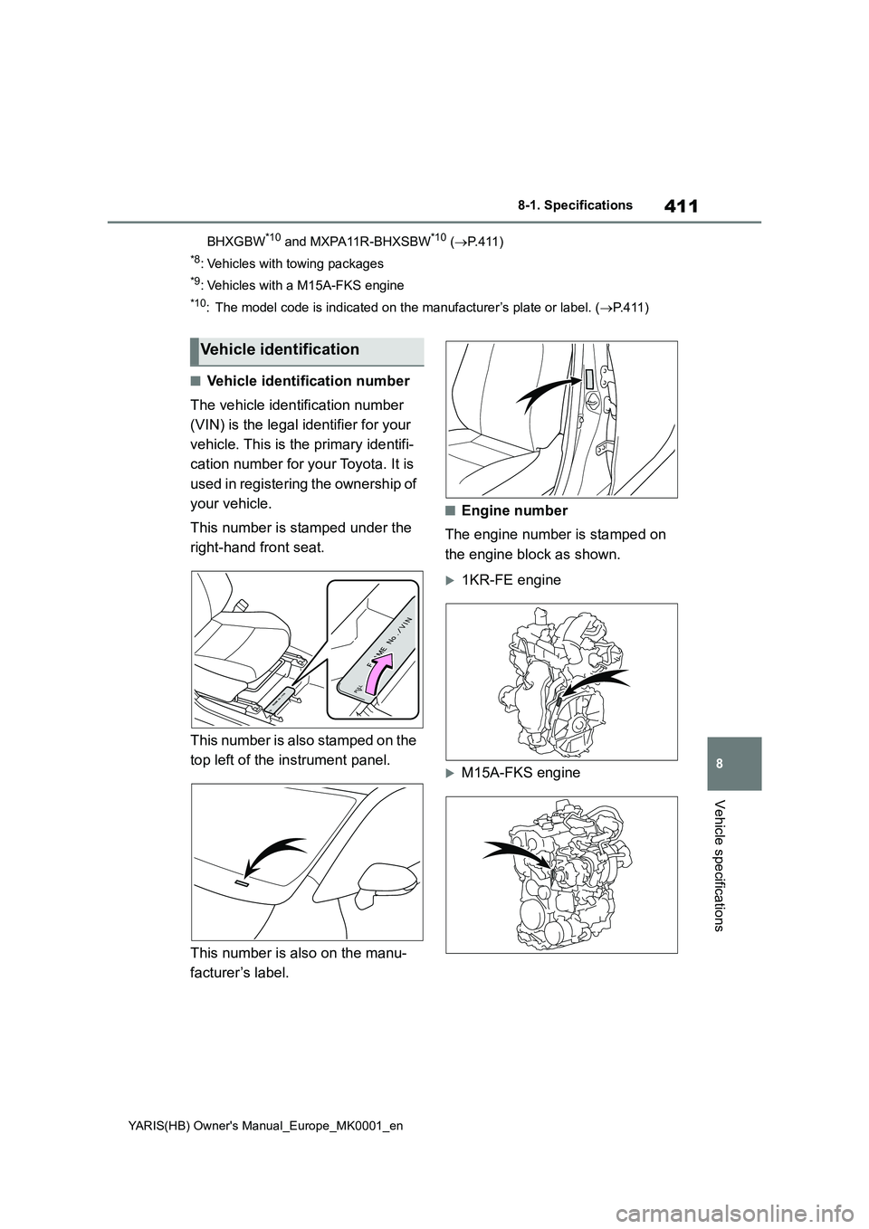 TOYOTA YARIS 2021 Owners Manual 411
8
YARIS(HB) Owners Manual_Europe_MK0001_en
8-1. Specifications
Vehicle specifications
BHXGBW*10 and MXPA11R-BHXSBW*10 (→P.411)
*8: Vehicles with towing packages
*9: Vehicles with a M15A-FKS eng TOYOTA YARIS 2021 Owners Manual 411
8
YARIS(HB) Owners Manual_Europe_MK0001_en
8-1. Specifications
Vehicle specifications
BHXGBW*10 and MXPA11R-BHXSBW*10 (→P.411)
*8: Vehicles with towing packages
*9: Vehicles with a M15A-FKS eng