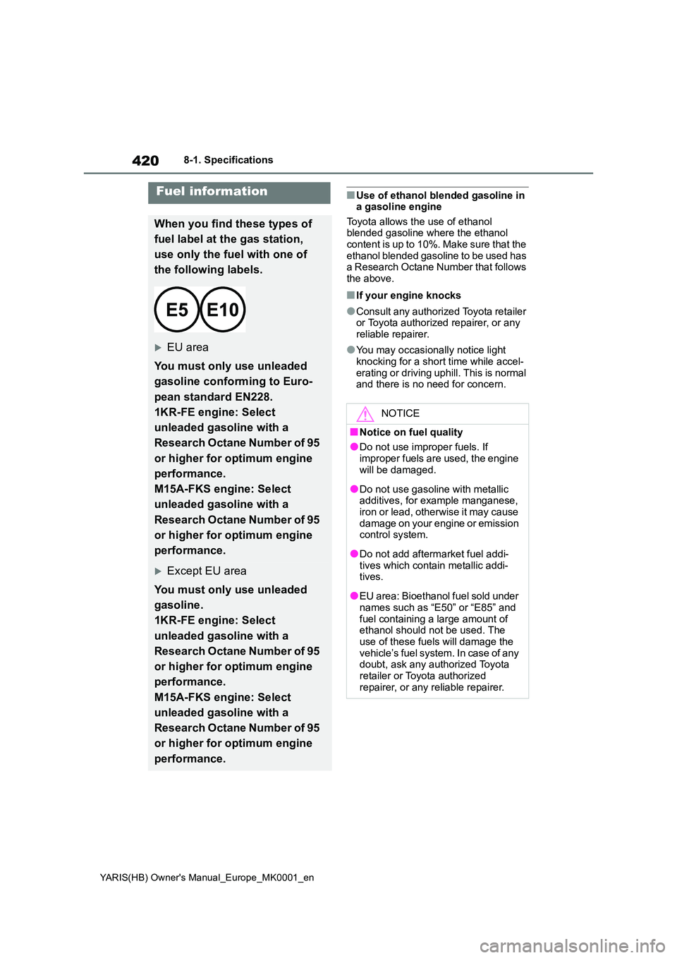 TOYOTA YARIS 2021 Owners Manual 420
YARIS(HB) Owners Manual_Europe_MK0001_en
8-1. Specifications
■Use of ethanol blended gasoline in a gasoline engine
Toyota allows the use of ethanol blended gasoline where the ethanol content TOYOTA YARIS 2021 Owners Manual 420
YARIS(HB) Owners Manual_Europe_MK0001_en
8-1. Specifications
■Use of ethanol blended gasoline in a gasoline engine
Toyota allows the use of ethanol blended gasoline where the ethanol content