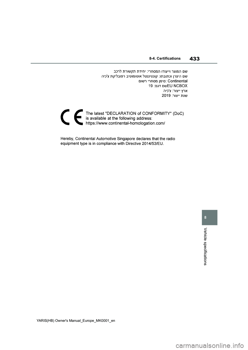 TOYOTA YARIS 2021 Owners Manual 433
8
YARIS(HB) Owners Manual_Europe_MK0001_en
8-4. Certifications
Vehicle specifications TOYOTA YARIS 2021 Owners Manual 433
8
YARIS(HB) Owners Manual_Europe_MK0001_en
8-4. Certifications
Vehicle specifications