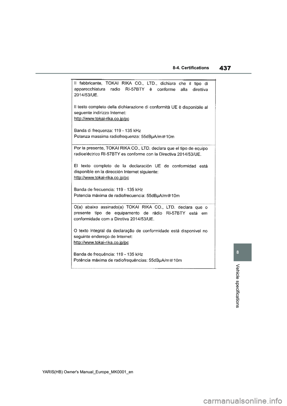 TOYOTA YARIS 2021 Owners Manual 437
8
YARIS(HB) Owners Manual_Europe_MK0001_en
8-4. Certifications
Vehicle specifications TOYOTA YARIS 2021 Owners Manual 437
8
YARIS(HB) Owners Manual_Europe_MK0001_en
8-4. Certifications
Vehicle specifications