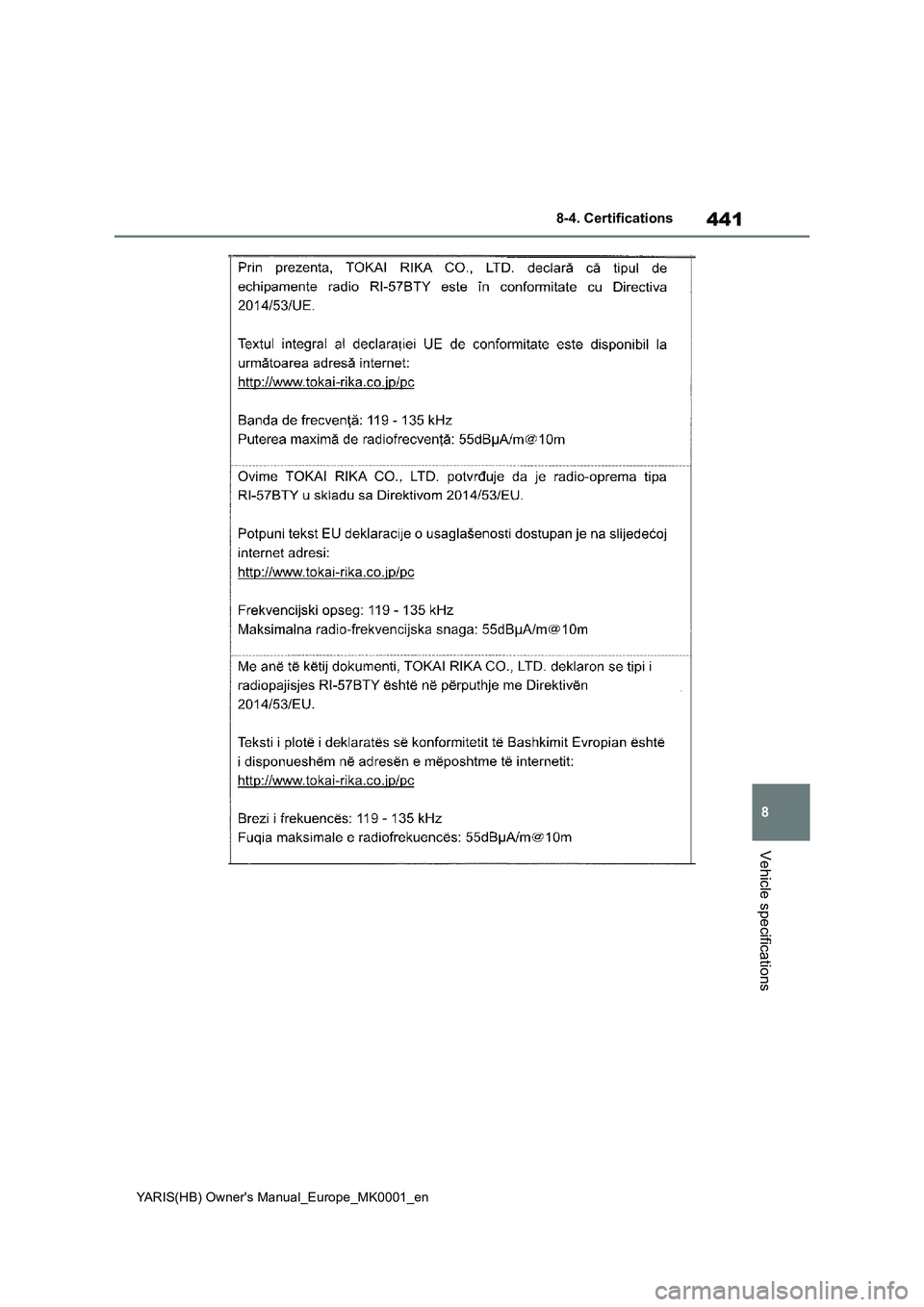 TOYOTA YARIS 2021 Owners Manual 441
8
YARIS(HB) Owners Manual_Europe_MK0001_en
8-4. Certifications
Vehicle specifications TOYOTA YARIS 2021 Owners Manual 441
8
YARIS(HB) Owners Manual_Europe_MK0001_en
8-4. Certifications
Vehicle specifications