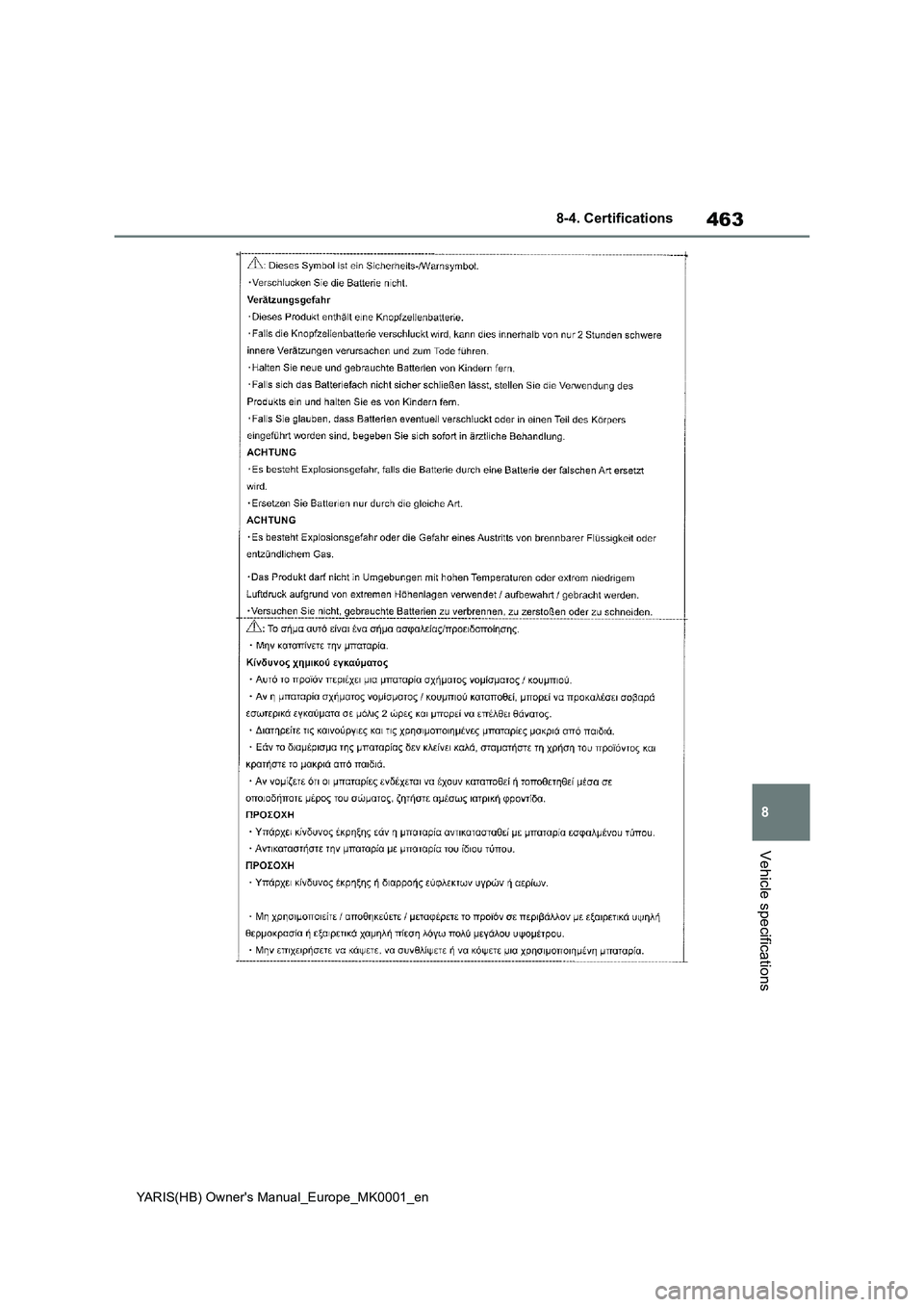 TOYOTA YARIS 2021 Owners Manual 463
8
YARIS(HB) Owners Manual_Europe_MK0001_en
8-4. Certifications
Vehicle specifications TOYOTA YARIS 2021 Owners Manual 463
8
YARIS(HB) Owners Manual_Europe_MK0001_en
8-4. Certifications
Vehicle specifications