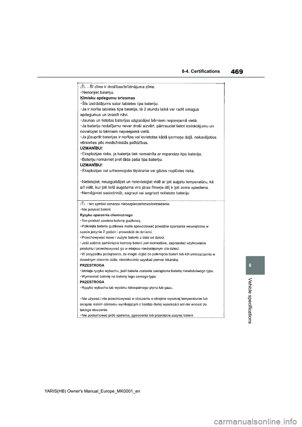 TOYOTA YARIS 2021 Owners Manual 469
8
YARIS(HB) Owners Manual_Europe_MK0001_en
8-4. Certifications
Vehicle specifications TOYOTA YARIS 2021 Owners Manual 469
8
YARIS(HB) Owners Manual_Europe_MK0001_en
8-4. Certifications
Vehicle specifications