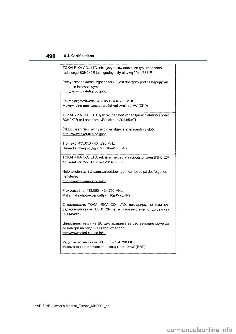 TOYOTA YARIS 2021 Owners Manual 490
YARIS(HB) Owners Manual_Europe_MK0001_en
8-4. Certifications TOYOTA YARIS 2021 Owners Manual 490
YARIS(HB) Owners Manual_Europe_MK0001_en
8-4. Certifications