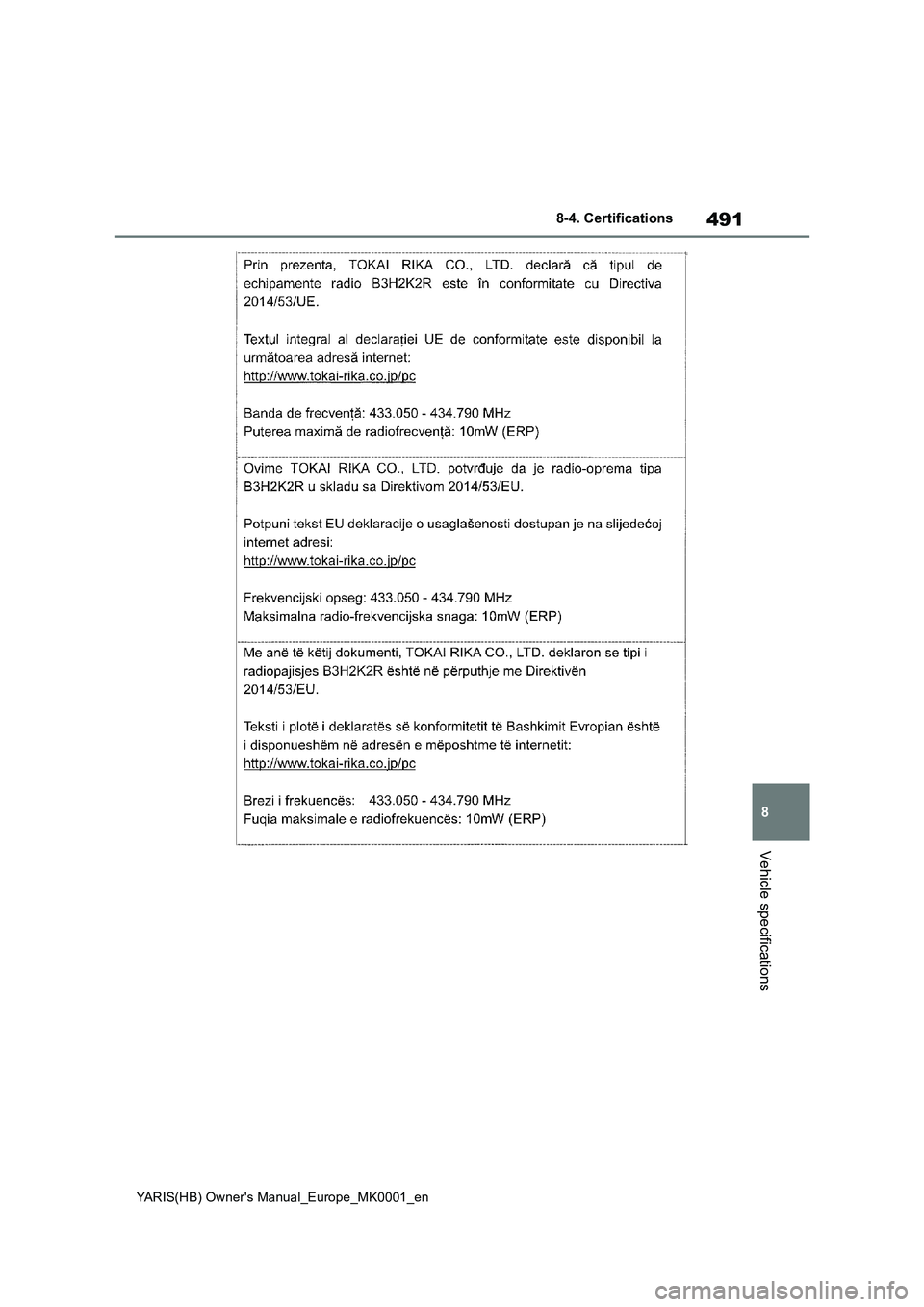 TOYOTA YARIS 2021 Owners Manual 491
8
YARIS(HB) Owners Manual_Europe_MK0001_en
8-4. Certifications
Vehicle specifications TOYOTA YARIS 2021 Owners Manual 491
8
YARIS(HB) Owners Manual_Europe_MK0001_en
8-4. Certifications
Vehicle specifications