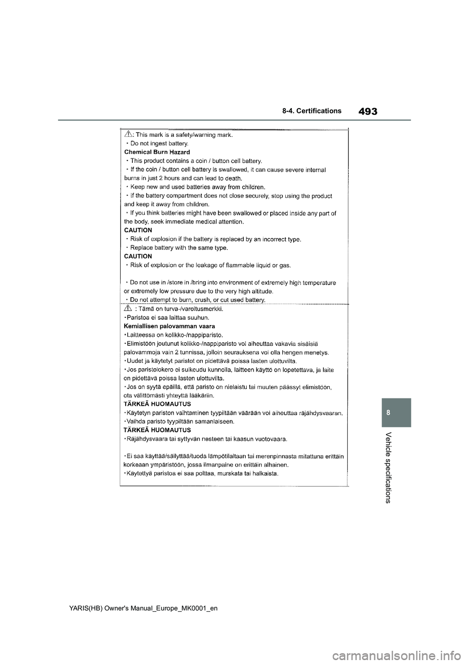 TOYOTA YARIS 2021 Owners Manual 493
8
YARIS(HB) Owners Manual_Europe_MK0001_en
8-4. Certifications
Vehicle specifications TOYOTA YARIS 2021 Owners Manual 493
8
YARIS(HB) Owners Manual_Europe_MK0001_en
8-4. Certifications
Vehicle specifications