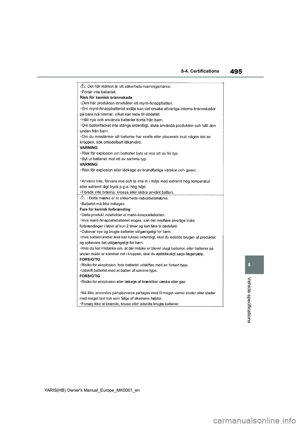 TOYOTA YARIS 2021 Owners Manual 495
8
YARIS(HB) Owners Manual_Europe_MK0001_en
8-4. Certifications
Vehicle specifications TOYOTA YARIS 2021 Owners Manual 495
8
YARIS(HB) Owners Manual_Europe_MK0001_en
8-4. Certifications
Vehicle specifications