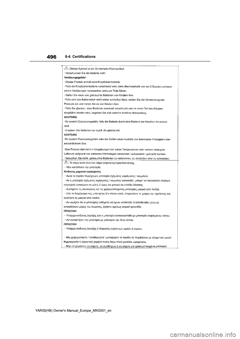 TOYOTA YARIS 2021 Owners Manual 496
YARIS(HB) Owners Manual_Europe_MK0001_en
8-4. Certifications TOYOTA YARIS 2021 Owners Manual 496
YARIS(HB) Owners Manual_Europe_MK0001_en
8-4. Certifications