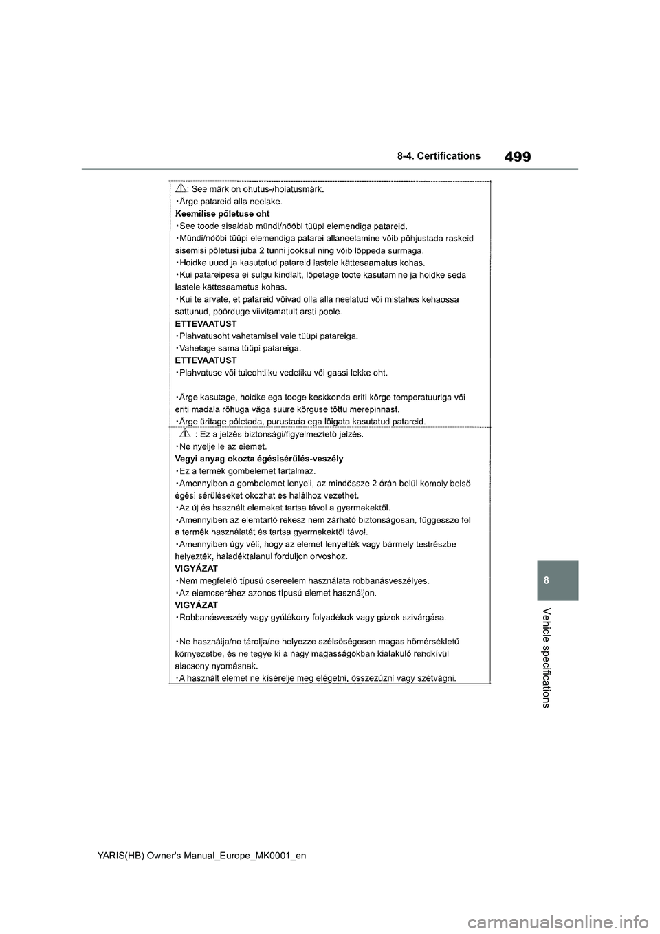 TOYOTA YARIS 2021 Owners Manual 499
8
YARIS(HB) Owners Manual_Europe_MK0001_en
8-4. Certifications
Vehicle specifications TOYOTA YARIS 2021 Owners Manual 499
8
YARIS(HB) Owners Manual_Europe_MK0001_en
8-4. Certifications
Vehicle specifications
