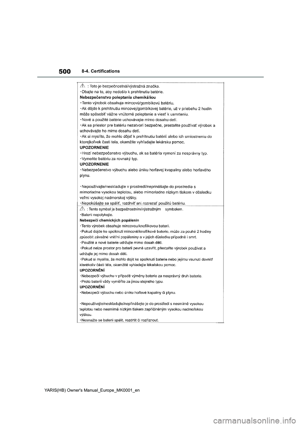 TOYOTA YARIS 2021 Owners Manual 500
YARIS(HB) Owners Manual_Europe_MK0001_en
8-4. Certifications TOYOTA YARIS 2021 Owners Manual 500
YARIS(HB) Owners Manual_Europe_MK0001_en
8-4. Certifications