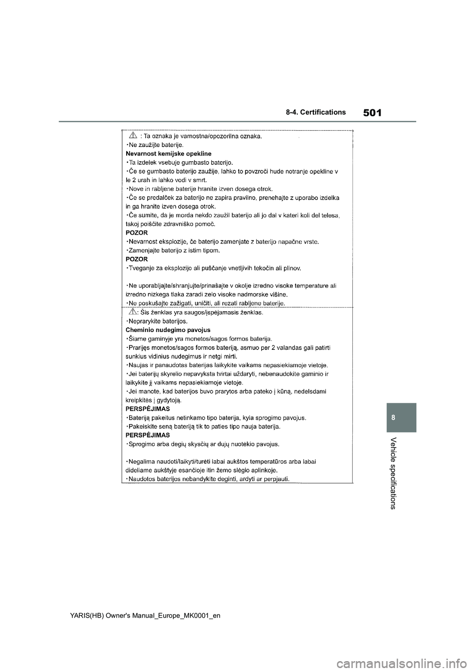TOYOTA YARIS 2021 Owners Manual 501
8
YARIS(HB) Owners Manual_Europe_MK0001_en
8-4. Certifications
Vehicle specifications TOYOTA YARIS 2021 Owners Manual 501
8
YARIS(HB) Owners Manual_Europe_MK0001_en
8-4. Certifications
Vehicle specifications