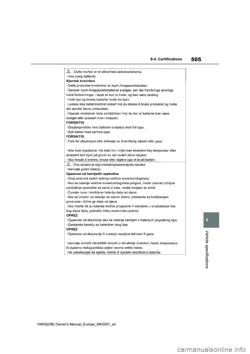 TOYOTA YARIS 2021 Owners Manual 505
8
YARIS(HB) Owners Manual_Europe_MK0001_en
8-4. Certifications
Vehicle specifications TOYOTA YARIS 2021 Owners Manual 505
8
YARIS(HB) Owners Manual_Europe_MK0001_en
8-4. Certifications
Vehicle specifications