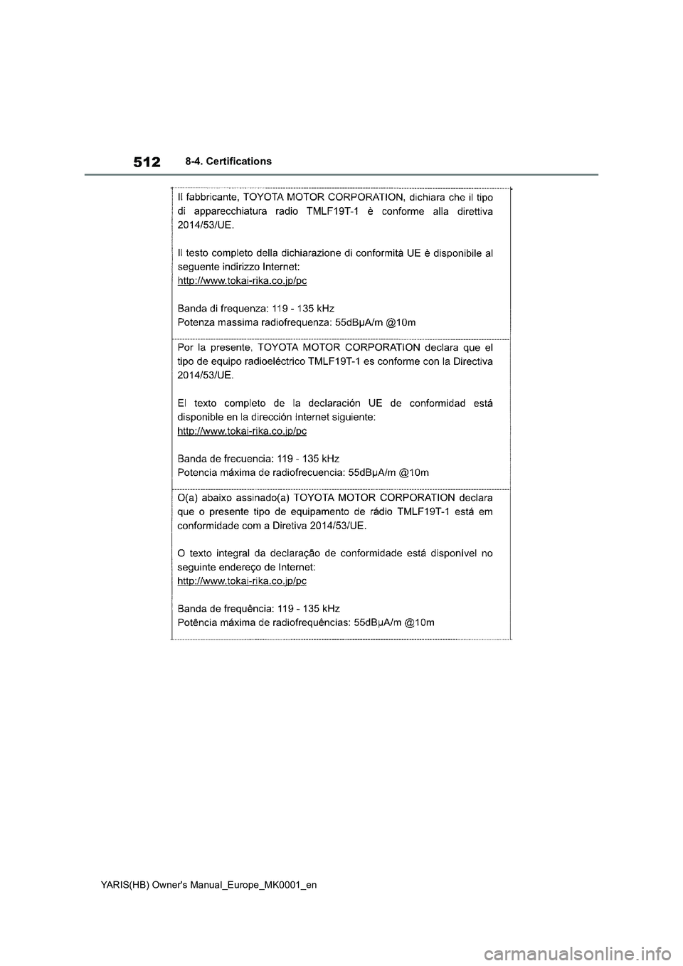 TOYOTA YARIS 2021 Owners Manual 512
YARIS(HB) Owners Manual_Europe_MK0001_en
8-4. Certifications TOYOTA YARIS 2021 Owners Manual 512
YARIS(HB) Owners Manual_Europe_MK0001_en
8-4. Certifications