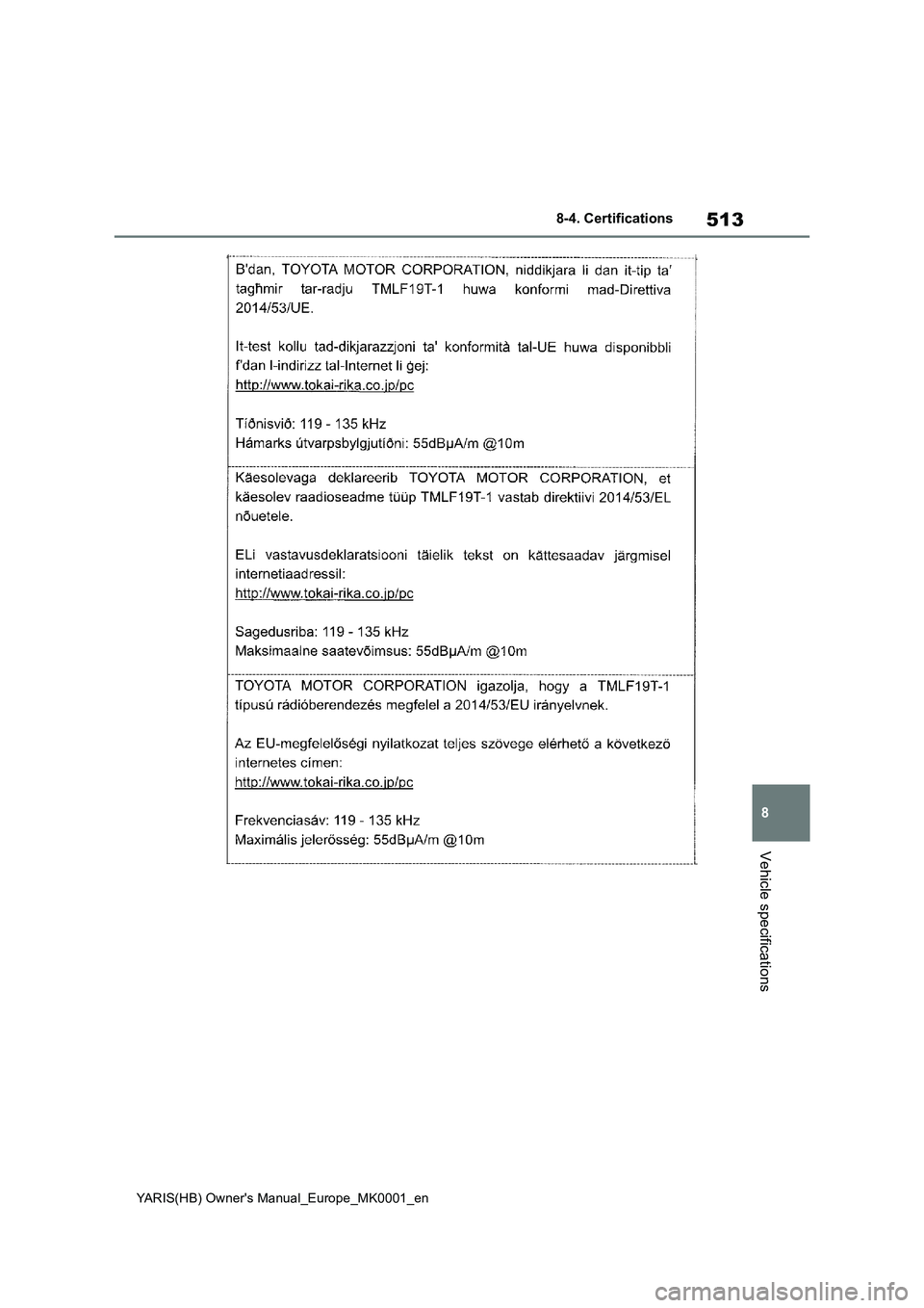 TOYOTA YARIS 2021 Owners Manual 513
8
YARIS(HB) Owners Manual_Europe_MK0001_en
8-4. Certifications
Vehicle specifications TOYOTA YARIS 2021 Owners Manual 513
8
YARIS(HB) Owners Manual_Europe_MK0001_en
8-4. Certifications
Vehicle specifications