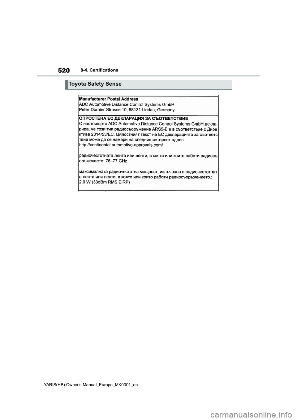 TOYOTA YARIS 2021 Owners Manual 520
YARIS(HB) Owners Manual_Europe_MK0001_en
8-4. Certifications
Toyota Safety Sense TOYOTA YARIS 2021 Owners Manual 520
YARIS(HB) Owners Manual_Europe_MK0001_en
8-4. Certifications
Toyota Safety Sense
