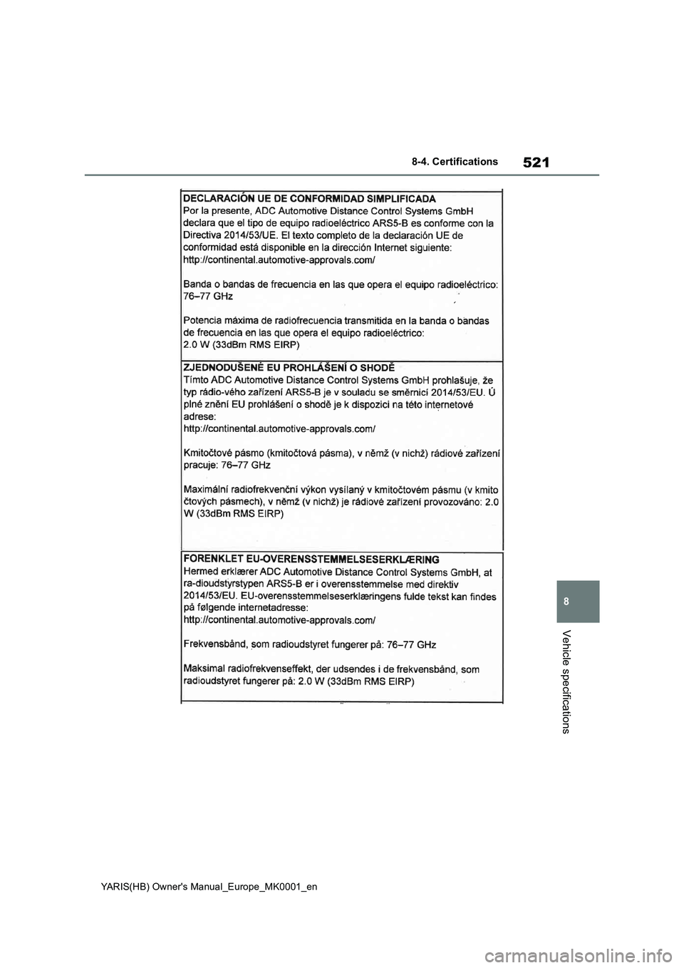 TOYOTA YARIS 2021 Owners Manual 521
8
YARIS(HB) Owners Manual_Europe_MK0001_en
8-4. Certifications
Vehicle specifications TOYOTA YARIS 2021 Owners Manual 521
8
YARIS(HB) Owners Manual_Europe_MK0001_en
8-4. Certifications
Vehicle specifications