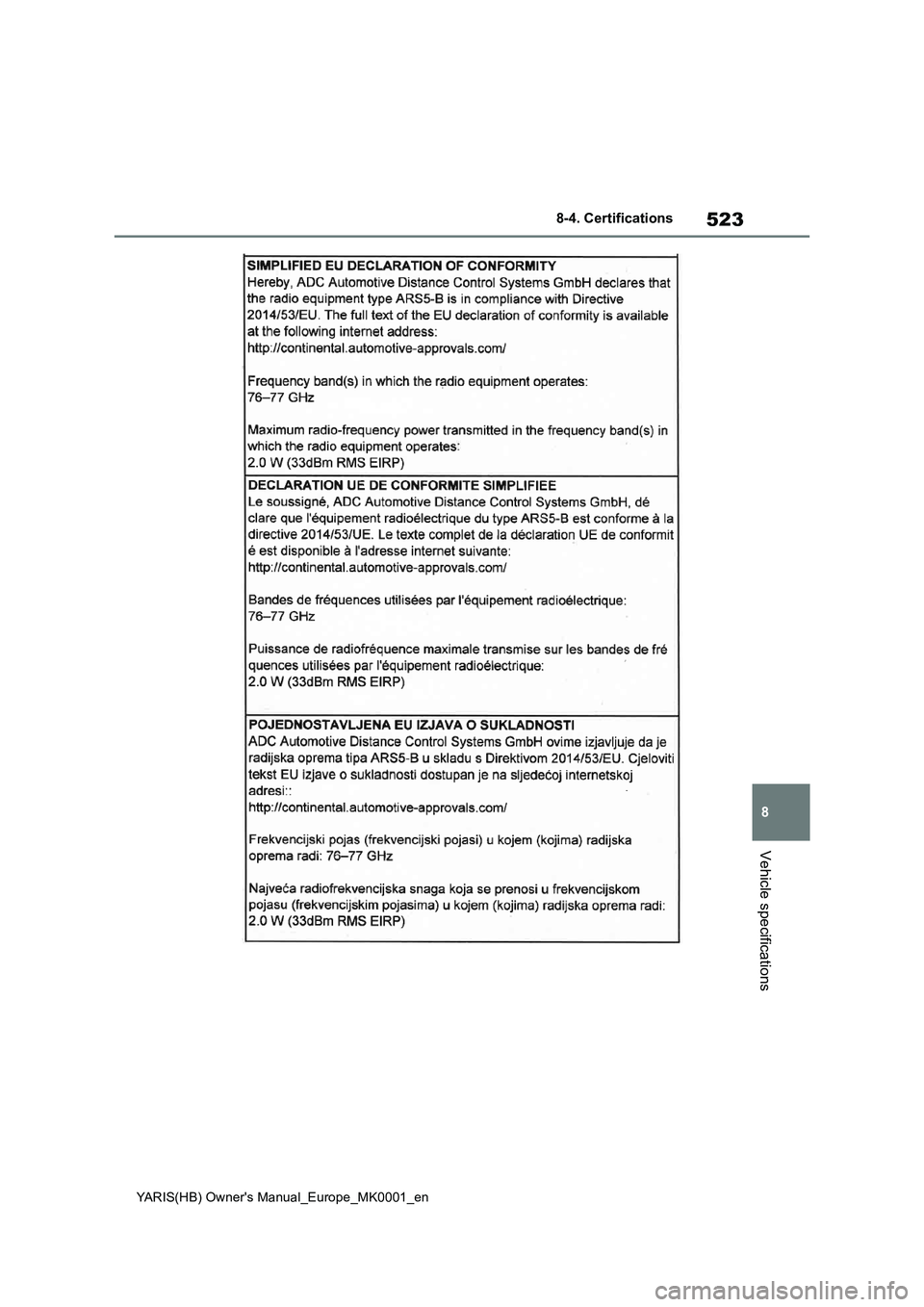 TOYOTA YARIS 2021 Owners Manual 523
8
YARIS(HB) Owners Manual_Europe_MK0001_en
8-4. Certifications
Vehicle specifications TOYOTA YARIS 2021 Owners Manual 523
8
YARIS(HB) Owners Manual_Europe_MK0001_en
8-4. Certifications
Vehicle specifications