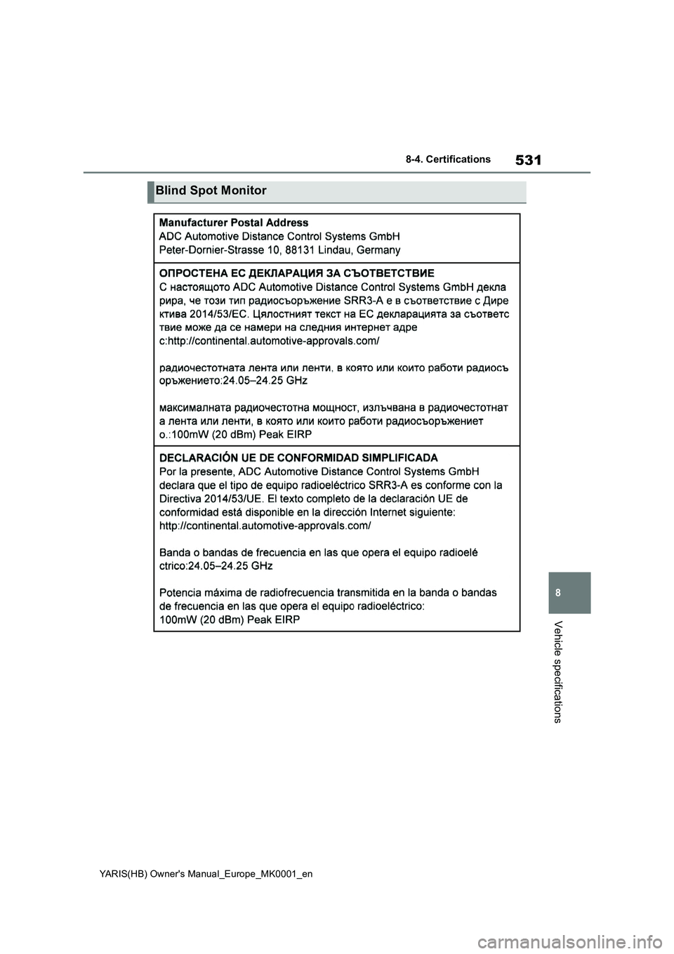TOYOTA YARIS 2021 Owners Manual 531
8
YARIS(HB) Owners Manual_Europe_MK0001_en
8-4. Certifications
Vehicle specifications
Blind Spot Monitor TOYOTA YARIS 2021 Owners Manual 531
8
YARIS(HB) Owners Manual_Europe_MK0001_en
8-4. Certifications
Vehicle specifications
Blind Spot Monitor
