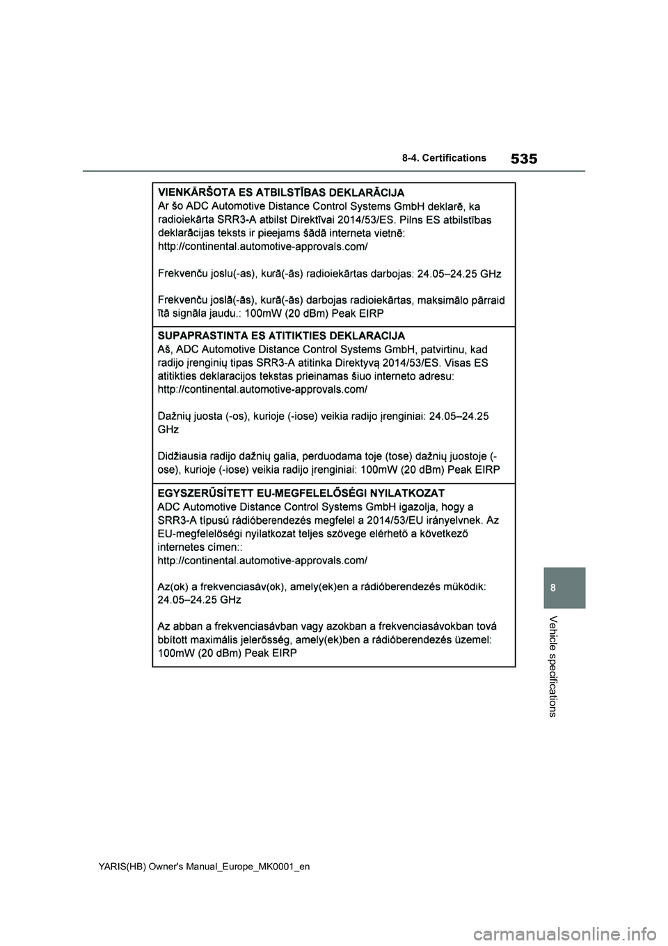 TOYOTA YARIS 2021 Owners Manual 535
8
YARIS(HB) Owners Manual_Europe_MK0001_en
8-4. Certifications
Vehicle specifications TOYOTA YARIS 2021 Owners Manual 535
8
YARIS(HB) Owners Manual_Europe_MK0001_en
8-4. Certifications
Vehicle specifications