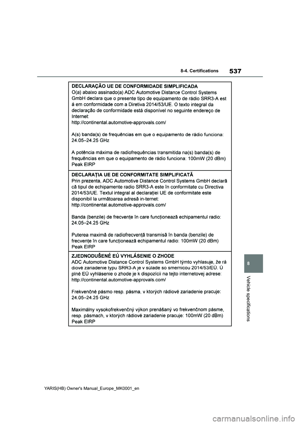 TOYOTA YARIS 2021 Owners Manual 537
8
YARIS(HB) Owners Manual_Europe_MK0001_en
8-4. Certifications
Vehicle specifications TOYOTA YARIS 2021 Owners Manual 537
8
YARIS(HB) Owners Manual_Europe_MK0001_en
8-4. Certifications
Vehicle specifications